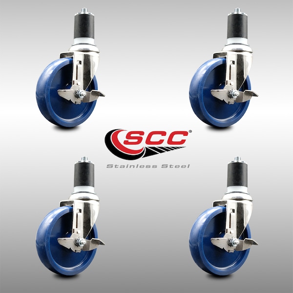 5 Inch 316SS Solid Poly Swivel 1-3/4 Inch Expanding Stem Caster Set Brake SCC